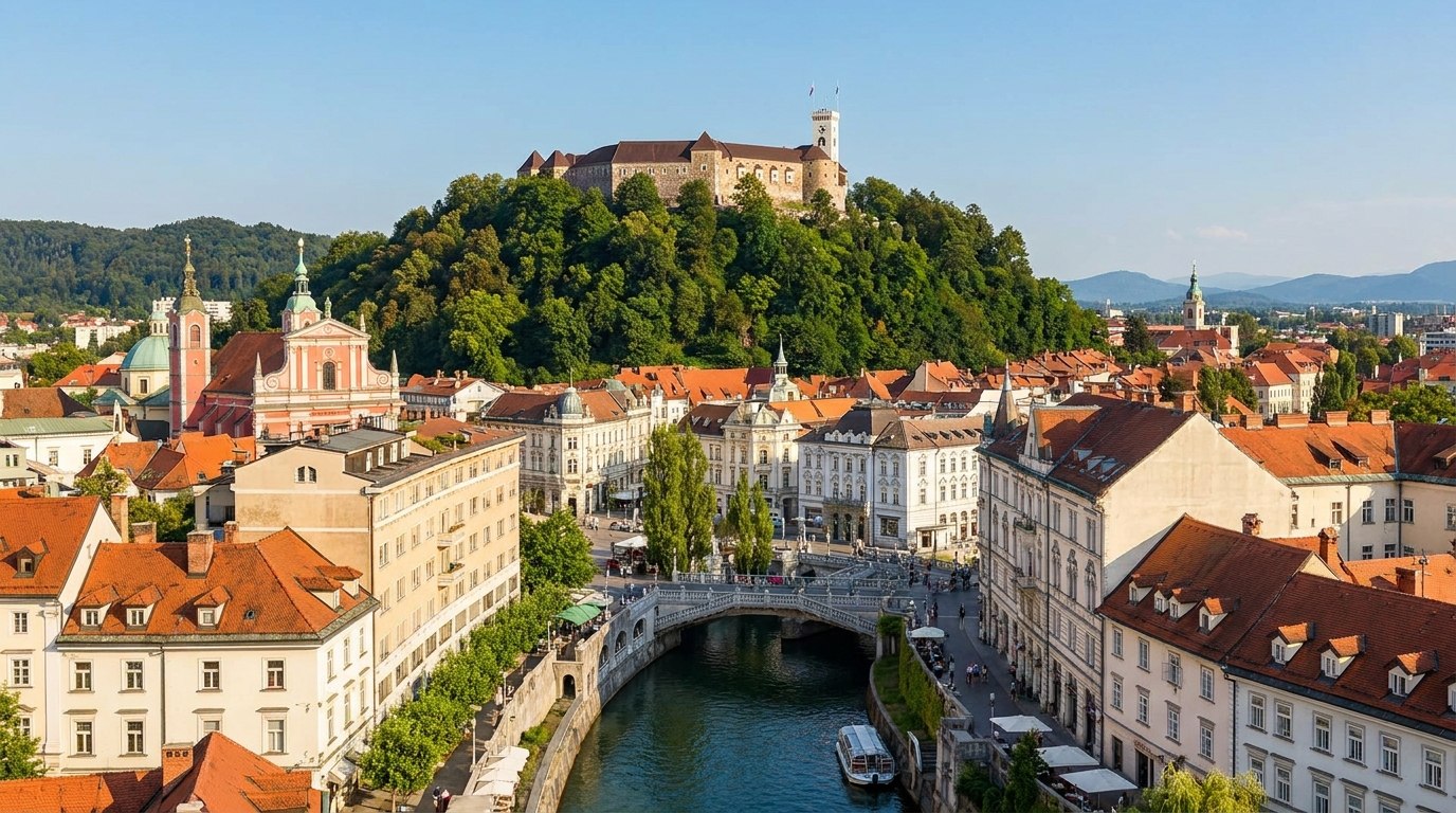 Ljubljana z Ljubljanskim gradom na griču in starim mestom ob Ljubljanici